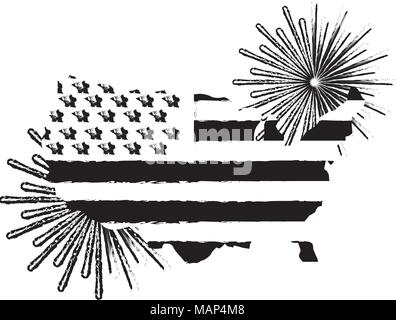 american flag on map with pyrotechnics vector illustration Stock Vector