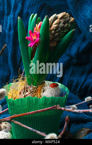 Beautiful hyacinths willow and - Beautiful Easter Decoration Of Pink Hyacinth In Green Pot Eggs Willow Catkins And Small Red Ladybird Decoration Map524