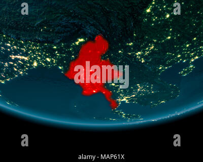 Myanmar at night highlighted in red on planet Earth. 3D illustration. Elements of this image furnished by NASA. Stock Photo