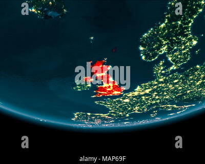 United Kingdom at night highlighted in red on planet Earth with clouds ...