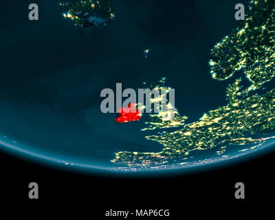 Ireland at night highlighted in red on planet Earth with clouds. 3D ...