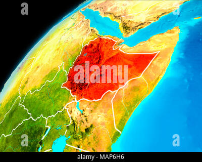 Orbit view of Ethiopia highlighted in red with visible borderlines on planet Earth. 3D illustration. Elements of this image furnished by NASA. Stock Photo