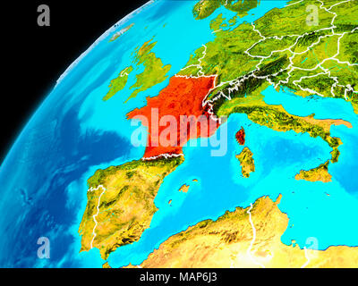 Orbit view of France highlighted in red with visible borderlines on planet Earth. 3D illustration. Elements of this image furnished by NASA. Stock Photo