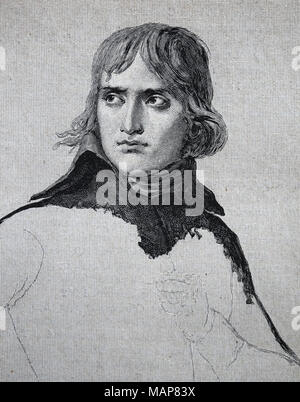 Engraving of an original David's unfinished portrait of Napoleon (1769-1821) from 1798. Stock Photo