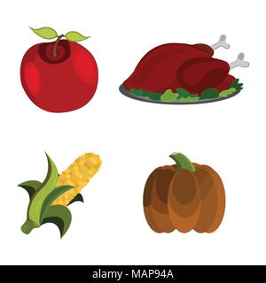 Set of Thanksgiving Day: Apple, Turkey, Corn, Pumpkin icon. Cartoon style. Vector Illustration. Stock Vector