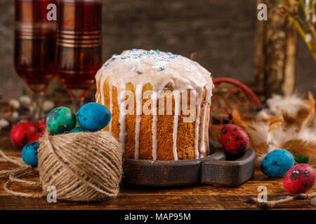 Christian holidays photos of Easter food in a rustic style. The table is covered with Easter cakes and painted eggs. Family Orthodox holiday Stock Photo