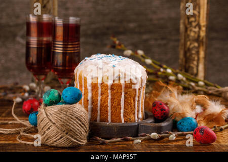 Christian holidays photos of Easter food in a rustic style. The table is covered with Easter cakes and painted eggs. Family Orthodox holiday Stock Photo