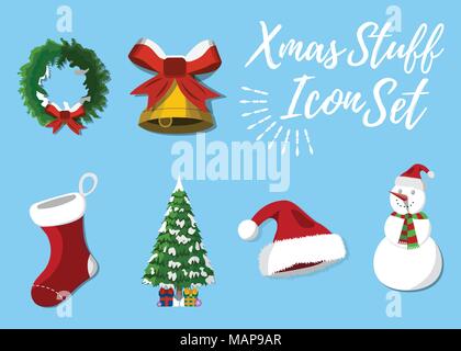 Set of Christmas Stuff. 6 label, XMas icon. Cartoon style. Vector Illustration. Stock Vector