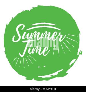 Summer Time label. Font with Brush. Summer and Beach badges. Vector illustration icon with Sunburst. Stock Vector