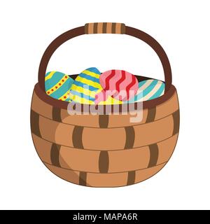 Basket with Easter eggs icon. Easter egg label on white Background. Cartoon style. Vector Illustration. Stock Vector