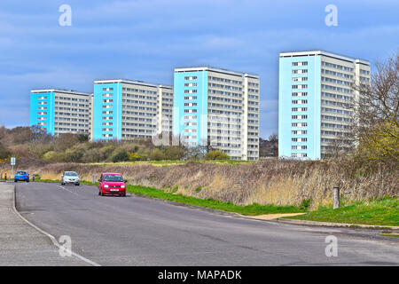 Blocks of recently updated and modernised council-owned flats in Weston, nr Southampton. The south-facing flats overlook Southampton Water. Stock Photo