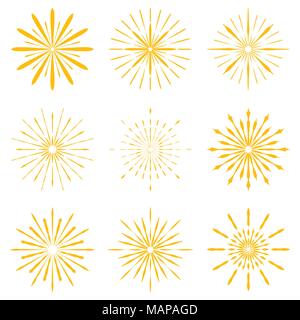 Big set of Retro Sun burst shapes. Vintage logo, labels, badges. Vector design element isolated. Minimal gold firework burst. Stock Vector