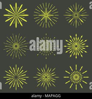 Big set of Retro Sun burst shapes. Vintage logo, labels, badges. Vector design element isolated. Minimal gold firework burst. Stock Vector