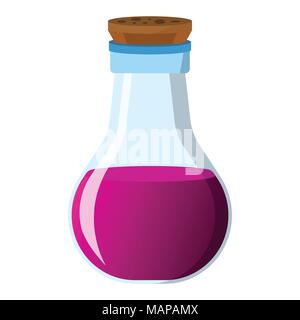 Flask and bottle icon. Label of fantasy potion and elixir. Cartoon style. Vector illustration logo. Stock Vector