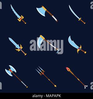 Set of weapon icon. Label of fantasy and medieval weapon. Cartoon style. Vector illustration logo. Stock Vector