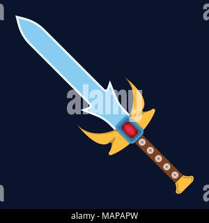 Sword icon. Label of fantasy and medieval weapon. Cartoon style. Vector illustration logo. Stock Vector