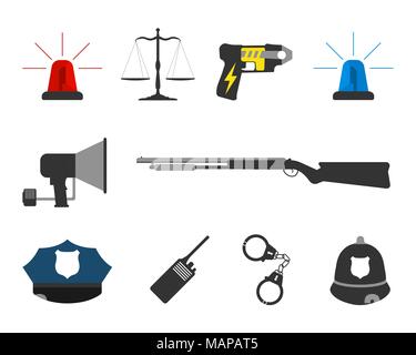 Set of police elements equipment icons. Protect and Serve label. Vector Illustration. Stock Vector