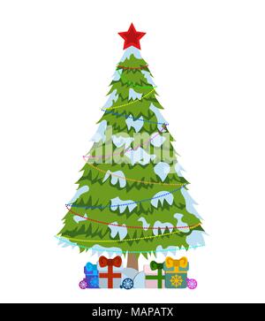 Merry Christmas tree sign on white background. Pine tree with colored lights logo. Vector Illustration. Stock Vector