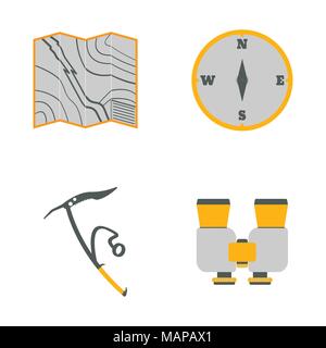 Map, compass, ice ax, binoculars flat icons.Tourism equipment. Trip web elements. Vector illustration. Stock Vector