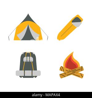 Tent, campfire, backpack, sleeping bag flat icons. Tourism equipment. Trip web elements. Vector illustration. Stock Vector