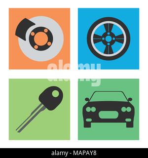 Set of Service Car flat icon on white background.Vector illustration. Stock Vector