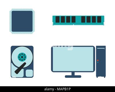 CPU, RAM, HDD and computer icon. Flat Vector illustration on white background. Stock Vector