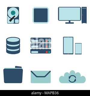 Set of computer and datebase icons. Flat Vector illustration on white background. Stock Vector