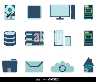 Set of computer and datebase icons. Flat Vector illustration on white background. Stock Vector