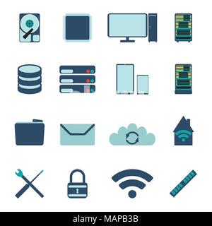Set of computer and datebase icons. Flat Vector illustration on white background. Stock Vector