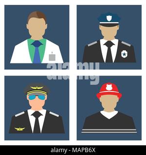 Doctor, Fireman, Policeman, Pilot portrait logo and icon. Flat Vector illustration Stock Vector