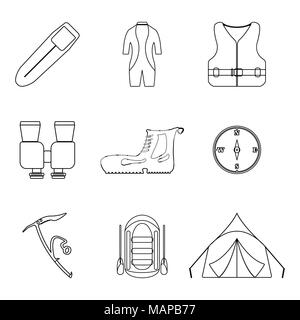 Hiking icons collection. Outline Tourism equipment. Vector illustration Stock Vector