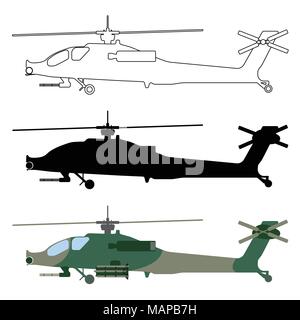 Helicopter silhouette, cartoon, outline. Military equipment set icon. Vector illustration. Stock Vector