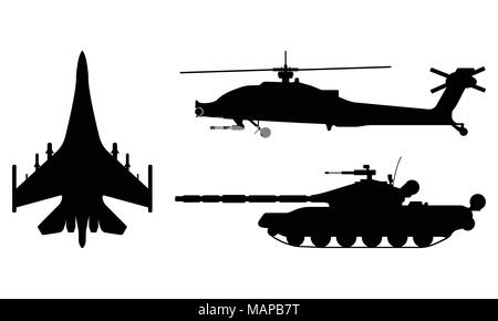 Fighter aircraft, tank, helicopter silhouette. Military equipment set icon. Vector illustration. Stock Vector