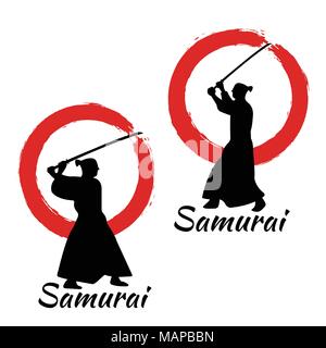 Japanese Samurai Warriors Silhouette with katana sword on Red Moon. Vector illustration. Stock Vector