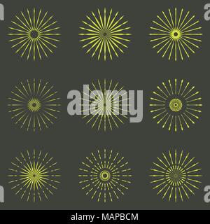 Set of Retro Sun burst shapes. Vintage logo, labels, badges. Vector design elements isolated. Minimal gold firework burst. Stock Vector