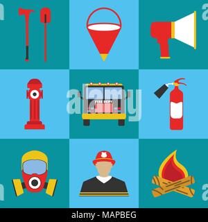 Firefighter icon set. Elements of the fire departament equipment icons. Vector Illustration. Stock Vector