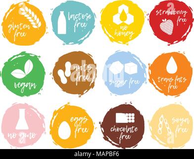 Set of food labels - allergens, GMO free products. Food intolerance symbols collection. Vector illustration. Stock Vector