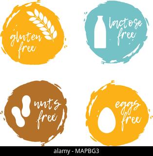 Set of food labels - allergens, GMO free products. Food intolerance symbols collection. Vector illustration. Stock Vector