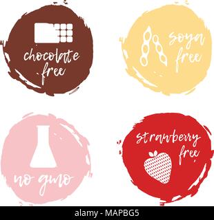 Set of food labels - allergens, GMO free products. Food intolerance symbols collection. Vector illustration. Stock Vector