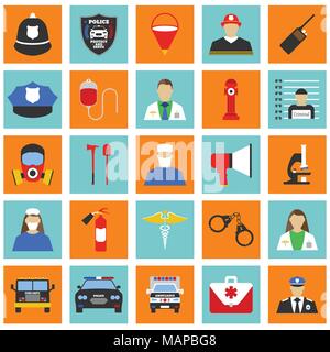 Big set of the Police, Medic, Firefighter icon. Flat Vector illustration. Stock Vector