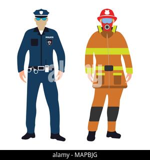 Policeman and Fireman flat icon. Service 911. Cartoon Vector illustration. Stock Vector