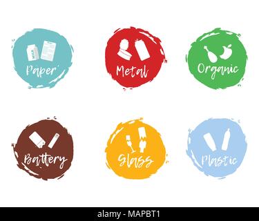 Recycling waste sorting icon - plastic, glass, metal, paper, organic, battery. Vector illustration. Stock Vector