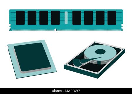 Cartoon Parts for Personal PC icon. HDD, RAM, CPU. Vector illustration. Stock Vector