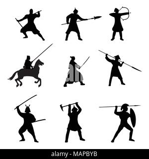 The Big Set of Warriors Silhouette on white background. Isolated Vector illustration. Stock Vector