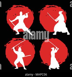 Set of Samurai Warriors Silhouette on red moon and black background. Isolated Vector illustration. Stock Vector