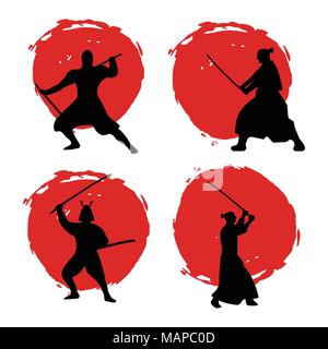 Set of Samurai Warriors Silhouette on red moon and white background. Isolated Vector illustration. Stock Vector