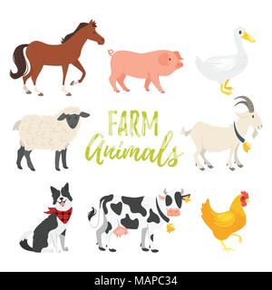 Vector cartoon style illustration set of farm animals. Isolated on white background. Stock Vector