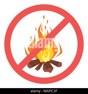 Vector cartoon style illustration of forbidden to build a fire sign. Icon for web. Isolated on white background. Crossed red line in circle. Stock Vector