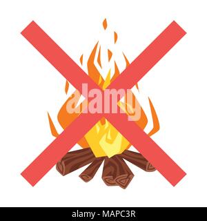 Vector cartoon style illustration of forbidden to build a fire sign. Icon for web. Isolated on white background. Two crossed red lines. Stock Vector