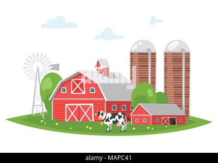 Vector cartoon style illustration of farm building - barn on rural landscape. A cow is grazing in a meadow. Stock Vector